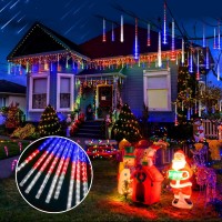 Christmas Sting Lights Outdoor,Meteor Shower Lights Outdoor 42Cm 12 Tube 408 Leds Meteor Lights,Connectable Raindrop Snowfall Lights For Tree Yard Party Patio Christmas Decor Lights (Red&White&Blue)