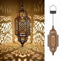 Twinkya 2 Pack Hanging Solar Lights Outdoor Garden Decorative Solar Lantern Waterproof Metal Moroccan Outdoor Decorations For Patio Pathway Yard Porch Backyard Garden Decor (Gold, 2 Pack)