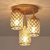 Nsrce Semi Flush Mount Ceiling Light Fixture, Modern 3-Light Gold Crystal Chandelier With Crystal Metal Shade, Close To Ceiling Lighting For Entryway Bedroom Living Room Kitchen Hallway