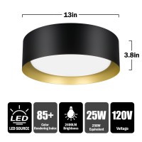 Brighthome Led Flush Mount Ceiling Light Fixture, 13In 25W(250W Equiv) 2400Lm, 3 Colors 3000K 4000K 5000K, Dimmable Black And Gold Modern Flush Mount Light Fixture For Bedroom Bathroom Hallway