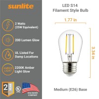 Sunlite 41655-Su Led S14 Filament Style String Light Bulb, Ul Listed, 2 Watts (25W Equivalent), 200 Lumens, Medium Base (E26), Dimmable, Clear Glass, 2200K Amber, 6 Count