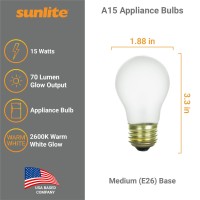 Sunlite 41615 Incandescent Appliance A15 Light Bulb, 15 Watts, 70 Lumens, Medium Base (E26), Dimmable, Mercury Free, 2600K Warm White, Frost, 12 Count