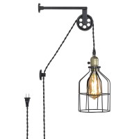 Industrial Plug In Wall Sconce With Pulley Design Adjustable Height Black Mounted Lights Fixture Farmhouse For Your Living Room Bedroom Wall Lamps With Cord Switch Pendant Metal Cage Design Lampshade