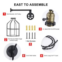 Industrial Plug In Wall Sconce With Pulley Design Adjustable Height Black Mounted Lights Fixture Farmhouse For Your Living Room Bedroom Wall Lamps With Cord Switch Pendant Metal Cage Design Lampshade