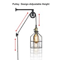 Industrial Plug In Wall Sconce With Pulley Design Adjustable Height Black Mounted Lights Fixture Farmhouse For Your Living Room Bedroom Wall Lamps With Cord Switch Pendant Metal Cage Design Lampshade