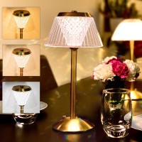 Portable Cordless Led Table Lamp With Touch Sensor - 3 Color Dimmable And Adjustable Brightness, Diamond Cut Rechargeable Gold Brass Lamp, Battery Powered Desk Lamp For Nightstand,Living Room, Bedroom