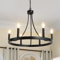 Lynpon Wagon Wheel Chandelier Diam 20 Inch, 6 Lights Black Chandeliers For Dining Room, Rustic Round Chandelier Hanging Farmhouse Wrought Iron Light Fixture For Living Room Kitchen Foyer Entryway