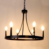 Lynpon Wagon Wheel Chandelier Diam 20 Inch, 6 Lights Black Chandeliers For Dining Room, Rustic Round Chandelier Hanging Farmhouse Wrought Iron Light Fixture For Living Room Kitchen Foyer Entryway