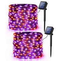 Brizled Orange & Purple Halloween Lights, 39.37Ft 120 Led Orange Lights, Purple Solar Lights 8 Modes, Outdoor Twinkle Orange Halloween String Lights For Halloween Party Diy Decor, Black Wire