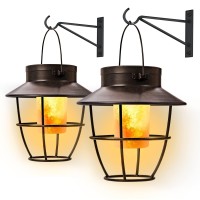 Camping Outdoor Solar Lanterns With Hooks - 2 Pack Dancing Flame Vintage Style Lights For Pathway, Garden, Patio, Yard, Porch - Waterproof Landscape Decor