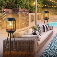 Yhsolar Solar Floor Lamp Outdoor Large Lanterns For Patio, Waterproof Big Solar Lamp Outdoor Metal Tripod Solar Lights For Deck Lawn Yard Or Porch Decor(Black)