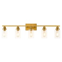 Jonsi Gold Bathroom Light Fixtures 5 Light Brushed Gold Bathroom Vanity Lights With Clear Grooved Glass Shade Modern Gold Bath