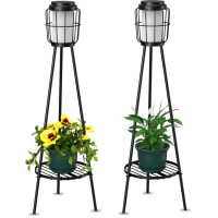 Visflair Metal Solar Floor Lamps Outdoor With Plant Stand, 2 Pack Waterproof Solar Lantern Lights For Patio Deck Yard Garden Porch (Black)