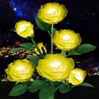 Calyla Solar Outdoor Lights 7 Rose Flowers Solar Garden Lights Garden Stake Lights Path Decorative Rose Lights For Patio Yard Pathway Landscape Enlarged Solar Panel (Yellow)