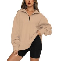 Meladyan Womens Half Zip Sweatshirt Oversized Long Sleeve Collar Drop Shoulder Solid 14 Zipper Pullover Jacket Dark Khaki