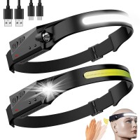 Rechargeable Led Headlamp 2 Packs,Cob230 Wide Beam Headlamps, 5 Modes Of Lightweight Headlamps With Motion Sensors, Type-C Usb Charging Headlamps,Suitable For Night Running,Fishing, Cycling, Camping