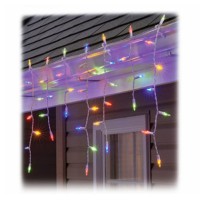 SYLVANIA 100 Lt STAYLIT Multi LED Icicle Set White Wire Traditional Glass Look bulbs 12 in Lead 4 in Spacing between Drop 3 in on Drop 3 in End 7x4x6x7x4x6x7x4x5 bulbs on Top Wire Color Box UL Listed Includes 2 Spare bulbs and 1 Spare