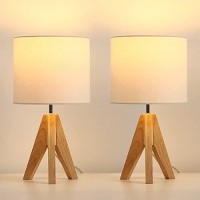 Dewenwils Small Table Lamps, Wooden Tripod Nightstand Lamp With White Linen Fabric Shade, 2 Pack Bedside Lamps For Living Room, Bedroom, Side Table, Nursery, 14.2 In, Switch Ul Listed