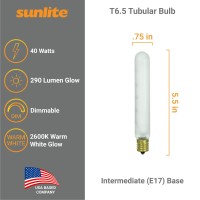 Sunlite 41665-Su Incandescent T6.5 Tubular Light Bulb, E17 Internediate Base, 40 Watts, 290 Lumens, Dimmable, Mercury Free, 2600K Warm White, Frost Glass, 6 Count