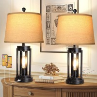 Set Of 2 Table Lamps With Usb Ports, 3-Way Dimmable Farmhouse Touch Lamps, Bedside Lamp For Bedroom With Ac Outlet, Modern Black Nightstand Lamps Desk Lamp For Living Room Reading, Bulbs Included