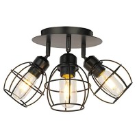 Industrial Flush Mount Ceiling Light - 3-Light Black Rustic Metal Caged Ceiling Mount Hallway Light Fixtures Ceiling For Kitchen Porch Bedroom Laundry Room Entryway