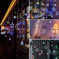 Techip Solar Lights Waterproof Outdoor Star Moon Solar String Lights 138Led Indoor Solar Powered Twinkle Lights With Remote Colorful Wnidow Curtain Lights For Christmas Party Balcony Ramanda Decor