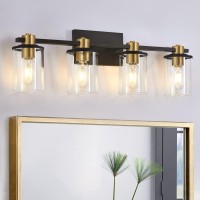 4 Light Bathroom Vanity Light, Black And Gold Bathroom Light Fixtures, Sconces Wall Lighting With Clear Glass Shade, Modern Gold Vanity Lighting Fixtures For Bathroom, Bedroom, Hallway