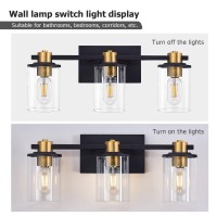 Atocif 3 Light Bathroom Vanity Light Fixtures, Black And Gold Vanity Light Above Mirror With Clear Glass Shade, Modern Wall Sconce Black With Bronze Vintage (3 Lights)