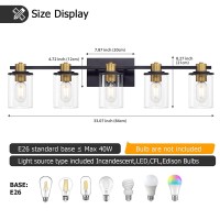 5 Light Bathroom Vanity Light, Black And Gold Bathroom Light Fixtures, Sconces Wall Lighting With Clear Glass Shade, Modern Brushed Gold Vanity Lighting Fixtures For Bathroom, Bedroom, Hallway