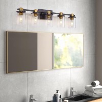 5 Light Bathroom Vanity Light, Black And Gold Bathroom Light Fixtures, Sconces Wall Lighting With Clear Glass Shade, Modern Brushed Gold Vanity Lighting Fixtures For Bathroom, Bedroom, Hallway