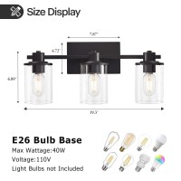 Xgfourseven Black Bathroom Light Fixtures, 3-Light Vanity Light For Bathroom, Modern Vanity Lighting Fixtures With Clear Glass Shade For Bathroom, Hallway,Restroom