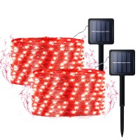 Hopolon Solar Powered Fairy String Lights, 2Pack 100Led 33Ft With 8 Mode Twinkle Lighting Outdoor Waterproof Auto On/Off, Tree Garden Patio Wedding Party Yard Christmas Valentines Day Decor - Red