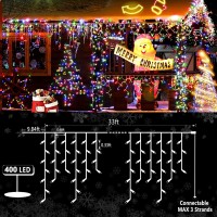 Christmas Lights Outdoor Color Changing 400 Led 33Ft 11 Modes Curtain Fairy String Light With 64 Drops, Clear Wire Led Lights For Wedding Party Holiday Christmas Decorations (Warm White To Multicolor)