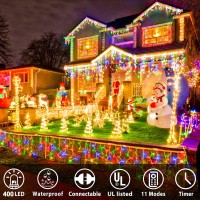 Christmas Lights Outdoor Color Changing 400 Led 33Ft 11 Modes Curtain Fairy String Light With 64 Drops, Clear Wire Led Lights For Wedding Party Holiday Christmas Decorations (Warm White To Multicolor)