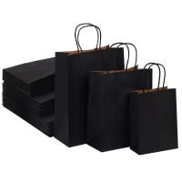 Packanewly Kraft Paper Bags With Handles, 75 Pcs Black - Eco-Friendly Gift Bags - Mixed Sizes: Small, Medium Large For Retail, Gift, Shopping, Wedding, Birthday Parties