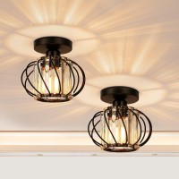 Frideko Home 2-Pack Semi Flush Mount Ceiling Light - Small Crystal Chandelier Hallway Light Fixtures Ceiling Black Metal Cage Ceiling Lights Modern Light Fixture For Entryway Bedroom Porch Kitchen