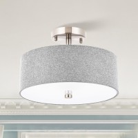 Ludil 3Light Semi Flush Mount Ceiling Light Fixture 13 Modern Drum Light With Grey Fabric Shade Close To Ceiling Lighting H