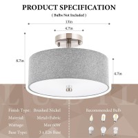 Ludil 3Light Semi Flush Mount Ceiling Light Fixture 13 Modern Drum Light With Grey Fabric Shade Close To Ceiling Lighting H