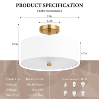 Ludil 3Light Semi Flush Mount Ceiling Light Fixture 13 Gold Drum Light Fixture Modern Close To Ceiling Light With White Fab