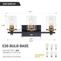 Diniluse 3 Light Bathroom Light Fixtures Black Gold Bathroom Vanity Light With Clear Glass Shade Vintage Gold Bathroom Lights