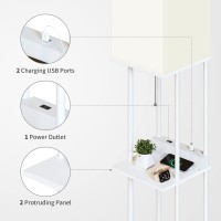 Sunmory Floor Lamp With Shelves, Iron Pole Standing Lamp With 2 Usb Ports And 1 Power Outlet, Floor Lamps With 2 Protruding Panel And 3-Way Led Bulb For Living Room, Bedroom (White)