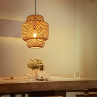 Wicker Plug In Pendant Light With Bamboo Lantern Shape Hand-Woven 1 Hanging Light Fixture For Kitchen Farmhouse Beige Lampshade Natural Chandeliers Ceiling E26 Lighting With Inline On/Off Switch Cord