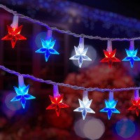 4Th Of July Decor Red White Blue Stars String Lights 17Ft 50 Led Waterproof Connectable Patriotic Led Star Fairy Lights For Ind