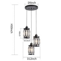 Larootsi 3 Light Farmhouse Pendant Light Adjustable Ceiling Hanging Lighting Fixture With K9 Crystals For Kitchen Restaurant Cafe Dining Room Island Light Black