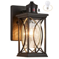 Delicavy Motion Sensor Outdoor Wall Light With Dimmable Bulb, Modern Dusk To Dawn Exterior Light Fixture Wall Mount Porch Light Black With Crack-Like Glass Coach Lantern For House Garage