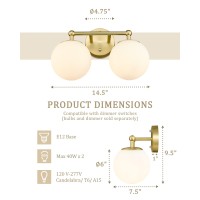 Akezon Gold Bathroom Light Fixtures 2Light Vanity Lights Over Mirror Wall Sconce With White Etched Glass Globe Kw73082