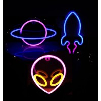 3 Pcs Neon Signs,Led Neon Light Signs For Wall Decoration,Led Rocket Planet Alien Neon Lights For Bedroom,Party,Birthday,Christmas,Wedding,Bar