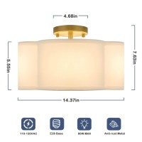 4Light Semi Flush Mount Ceiling Light Fixture Gold Modern Close To Ceiling Lamp With White Fabric Shade Farmhouse Bright Ligh