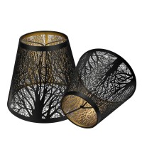 Double Small Lamp Shade Clip On Bulb Set Of 2 For Candelabra Bulbs, Alucset Barrel Metal Lampshade With Pattern Of Trees For Table Chandelier Wall Lamp 4 X 7 X 6 Inch 2 Pcs Pack (Black/Gold)