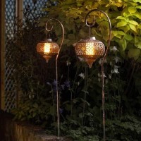 Garden Mile Set Of 2 Lanterns On Crook Moroccan Style Stake Lighting For Garden Outdoor Solar Powered Light Garden Lights Path Lights Waterproof Solar Lights Outdoor Garden Standing Lamp Flame Effect